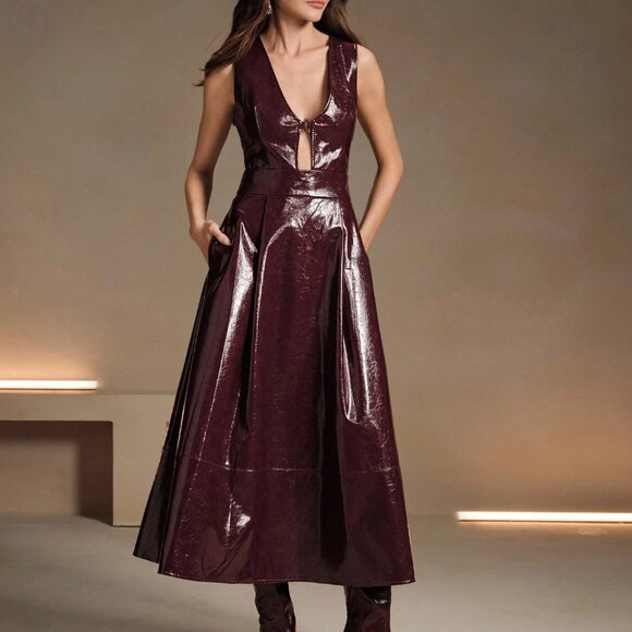 Burgundy Party Women's Long V-Neck Dress Maxi Outfit - Picture 7 of 8